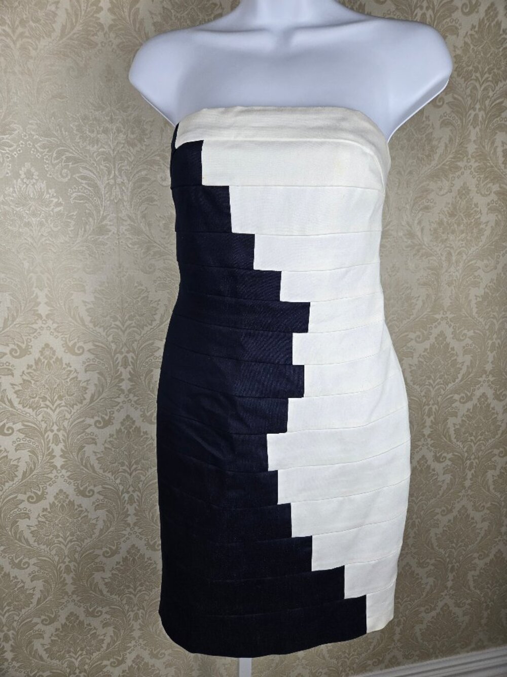 Suzi Chin for Maggy Boutique Size 2 Denim Blue White Layered  Strapless Dress